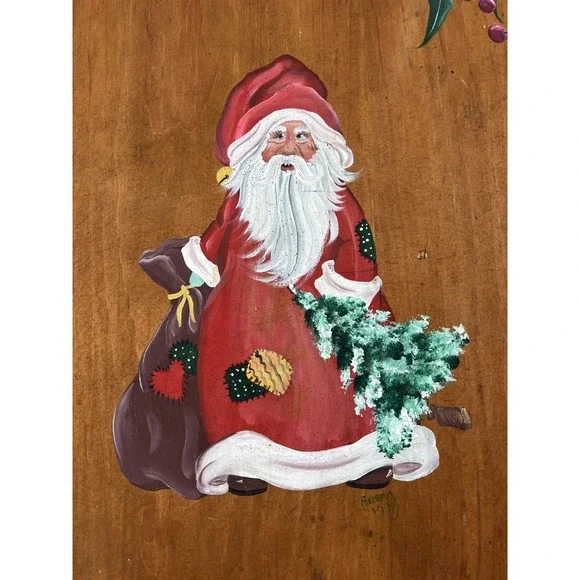 Vintage 1978 Hand Painted Santa Christmas Wood Board Chess Checker Game Signed Mixed Media